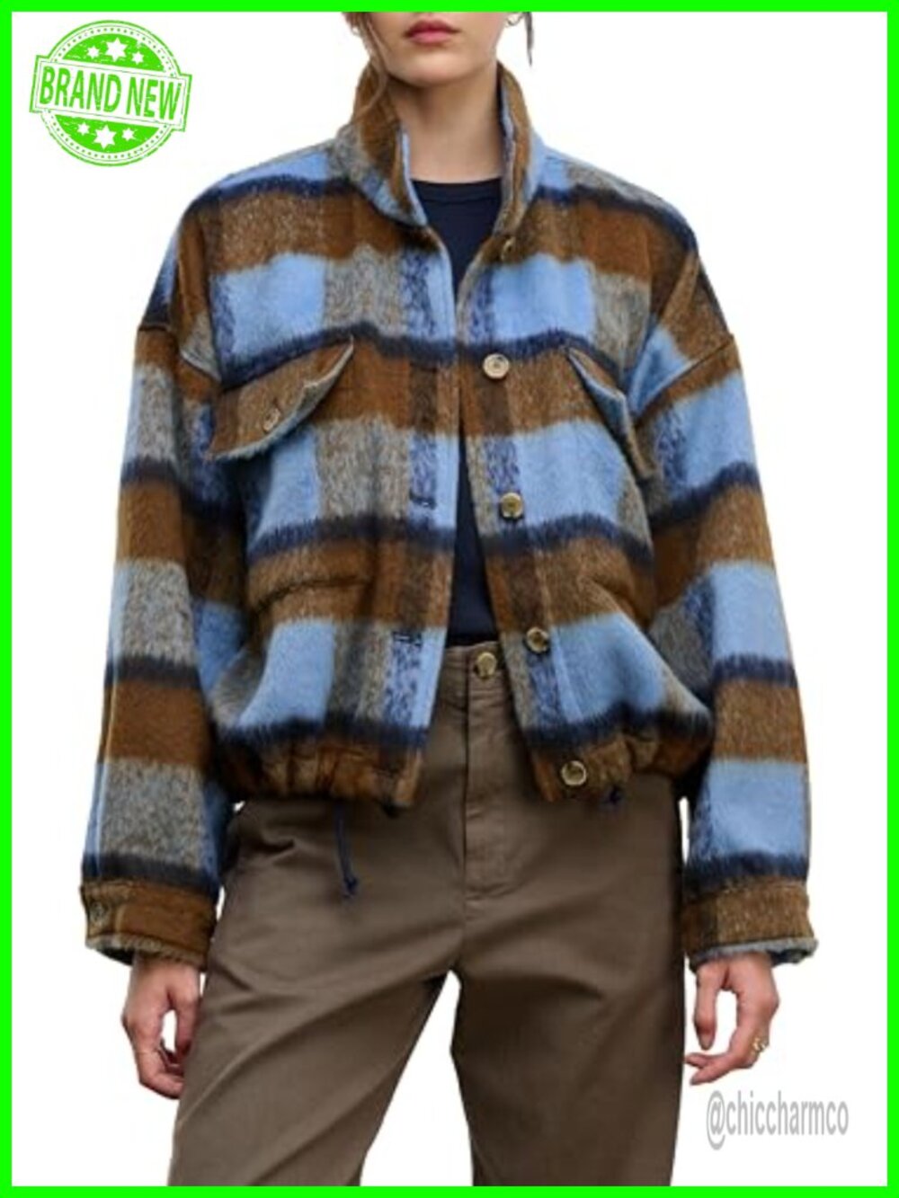 Brushed Plaid Relaxed Fit Aviator Jacket Cuff Sleeve Cold Weather